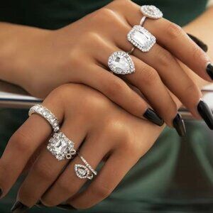 Set of 6 Adjustable Cubic Zirconia Silver Rings for Women